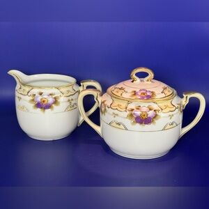 Nippon Vintage Hand Painted Porcelain Lidded Sugar and Ceamer Set White Purple